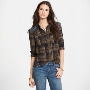Free People ‘Road Trip Getaway’ Flannel Shirt Denim Contrast Raw Hem Size S